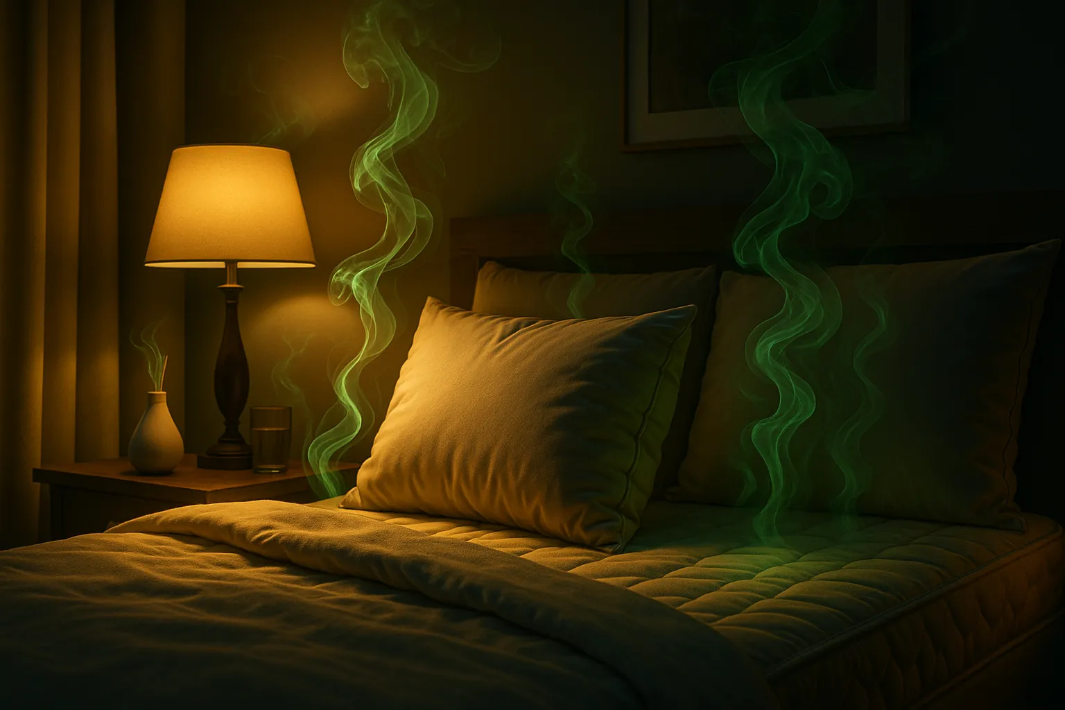 "겉보기엔 아늑하지만, 베개, 방향제, 매트리스에서 유해 물질이 나오고 있는 위험한 침실의 모습"