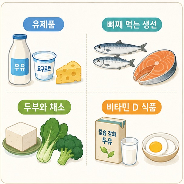 우유와 요구르트, 치즈, 두부, 정어리, 연어, 청경채, 브로콜리, 칼슘 강화 두유와 달걀을 뼈 건강 식단에 활용할 수 있는 음식으로 정리한 그림