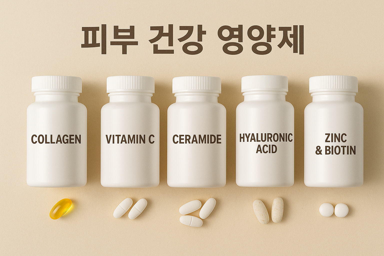 콜라겐, 비타민C, 세라마이드, 히알루론산, 아연&amp;비오틴이 정렬된 이미지(출처**자체제작)