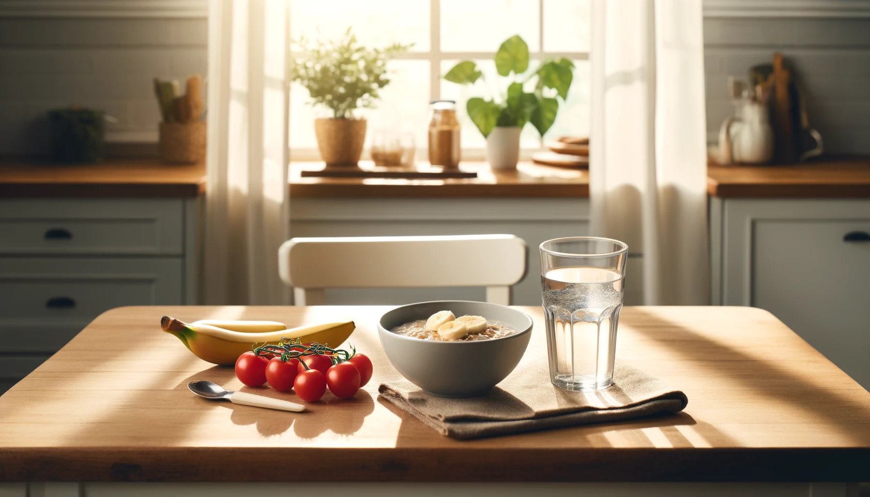 밝은 아침 햇살이 드는 주방 나무 식탁 위에 미지근한 물 한 잔과 바나나가 올라간 오트밀, 방울 토마토가 놓여있다 창가엔 흰 커튼이 드리워져 있고 초록 식물이 놓여 있다