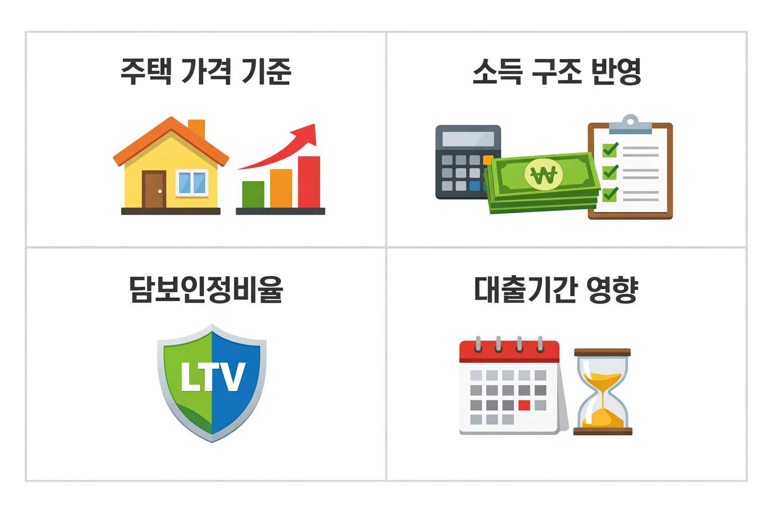 보금자리론 대출 한도가 주택 가격 기준과 소득 구조 반영 및 담보인정비율 적용으로 결정되는 방식을 정리한 기준 설명 이미지