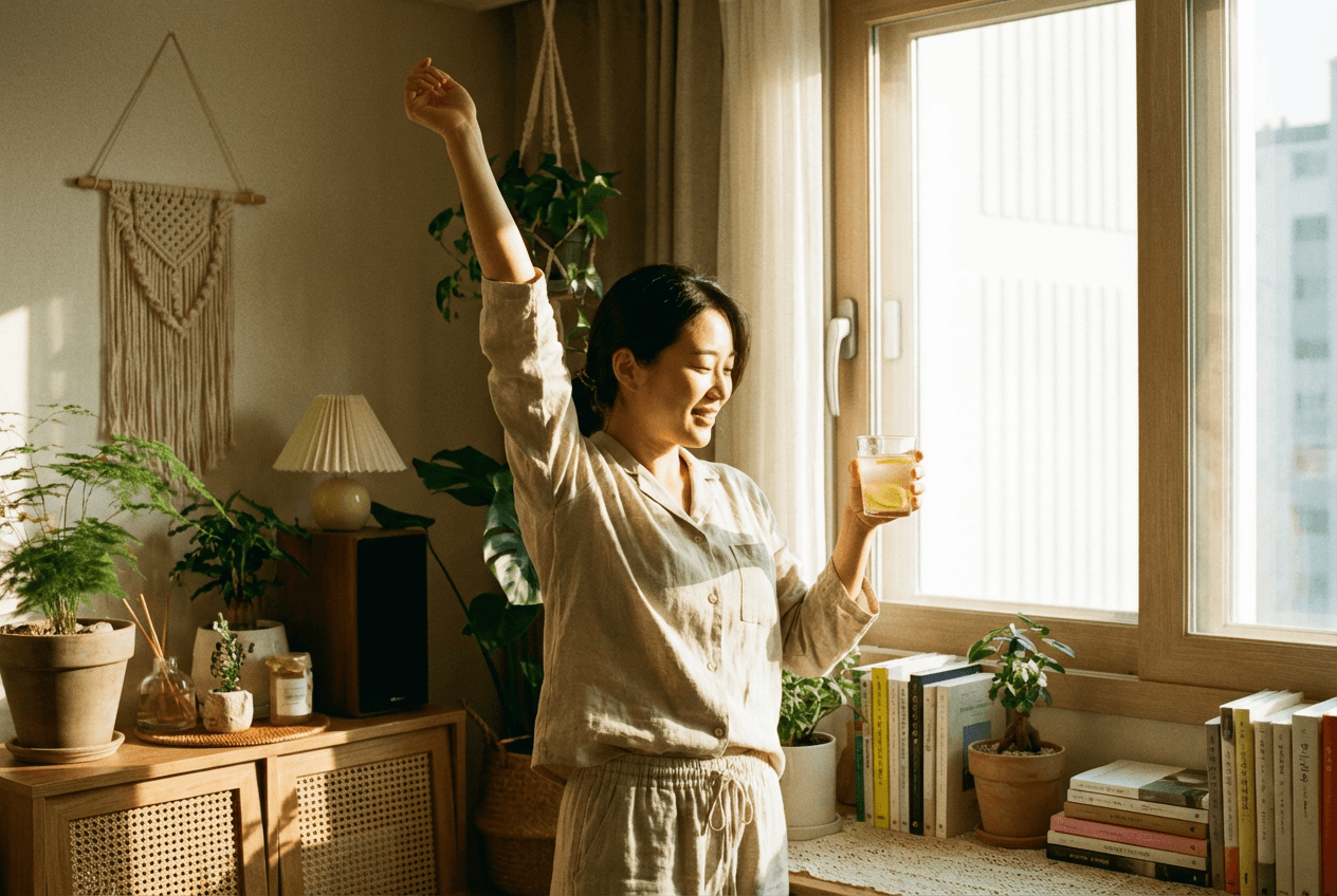 창가에 선 한국인이 레몬 생강 음료가 담긴 유리잔을 들고 가볍게 스트레칭하며 상큼한 아침을 시작하는 모습