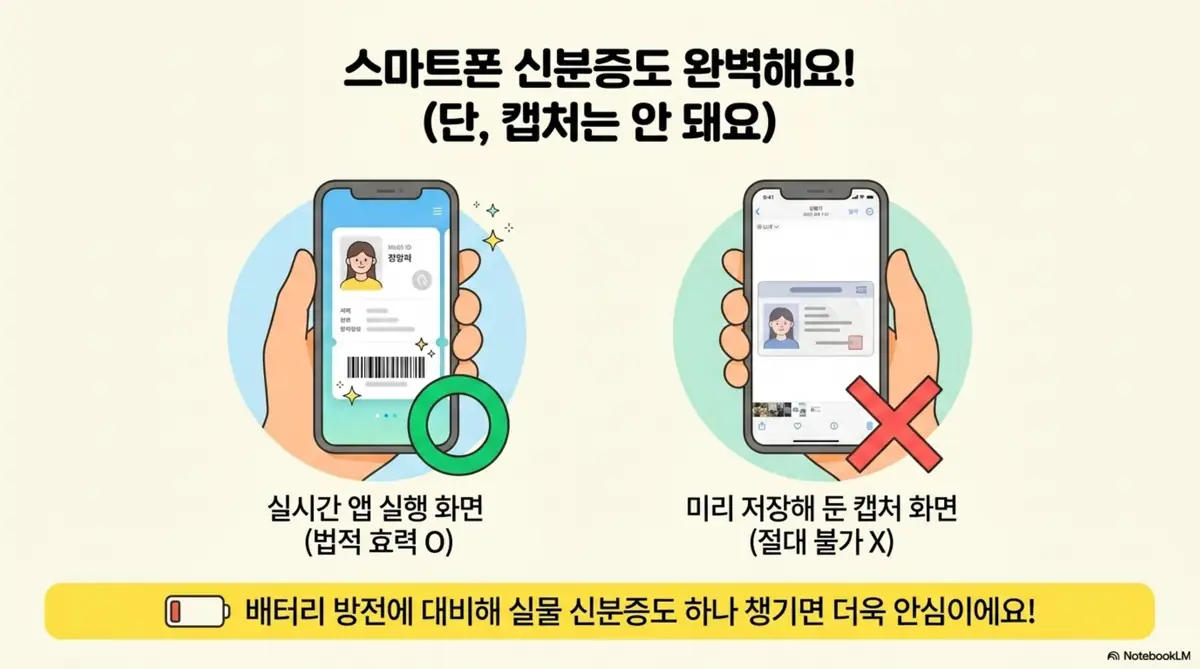 지방선거 투표 시간: 모바일 신분증의 올바른 사용법과 잘못된 사용법을 스마트폰 화면으로 비교한 일러스트. 왼쪽은 실시간 앱 실행 화면으로 법적 효력이 인정되고 오른쪽은 미리 저장한 캡처 화면으로 절대 불가라는 안내가 표시되어 있으며 배터리 방전에 대비해 실물 신분증도 함께 챙기라는 팁이 포함되어 있다