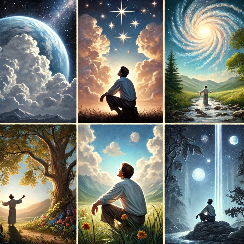 시편 19:1 말씀을 따라, 하나님의 창조와 영광을 깊이 묵상하며 천국을 사모하고 모든 만물을 통해 하나님을 발견하는 모습이 담긴 이미지가 있습니다. 이 장면은 하나님의 창조를 통해 그분의 위대하심을 발견하며, 만물 속에서 하나님을 찬양하는 마음을 가지는 것이 얼마나 중요한지를 강조합니다. 🙏✨🌿