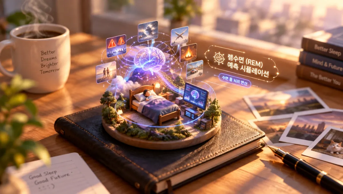 가죽 저널 위 미니어처 디오라마. 침대에 누운 작은 인형과 신경망으로 연결된 홀로그램 뇌가 교통 위험·설원·비행기·캠프파이어·해변 등 여러 예측 시나리오 화면을 띄우고 있다. '렘수면 (REM) 예측 시뮬레이션', '수면 중 뇌의 연산' 네온 문구가 표기되어 있다.