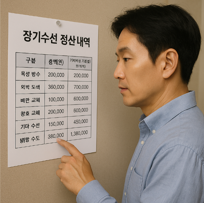 장기수선 완료 후 정산 내역을 열람하는 주민의 모습