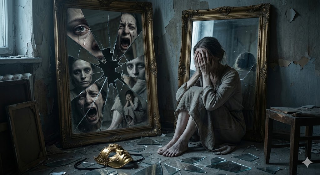 "Image depicting the psychological state of a victim with shattered self-esteem and a fragmented self."