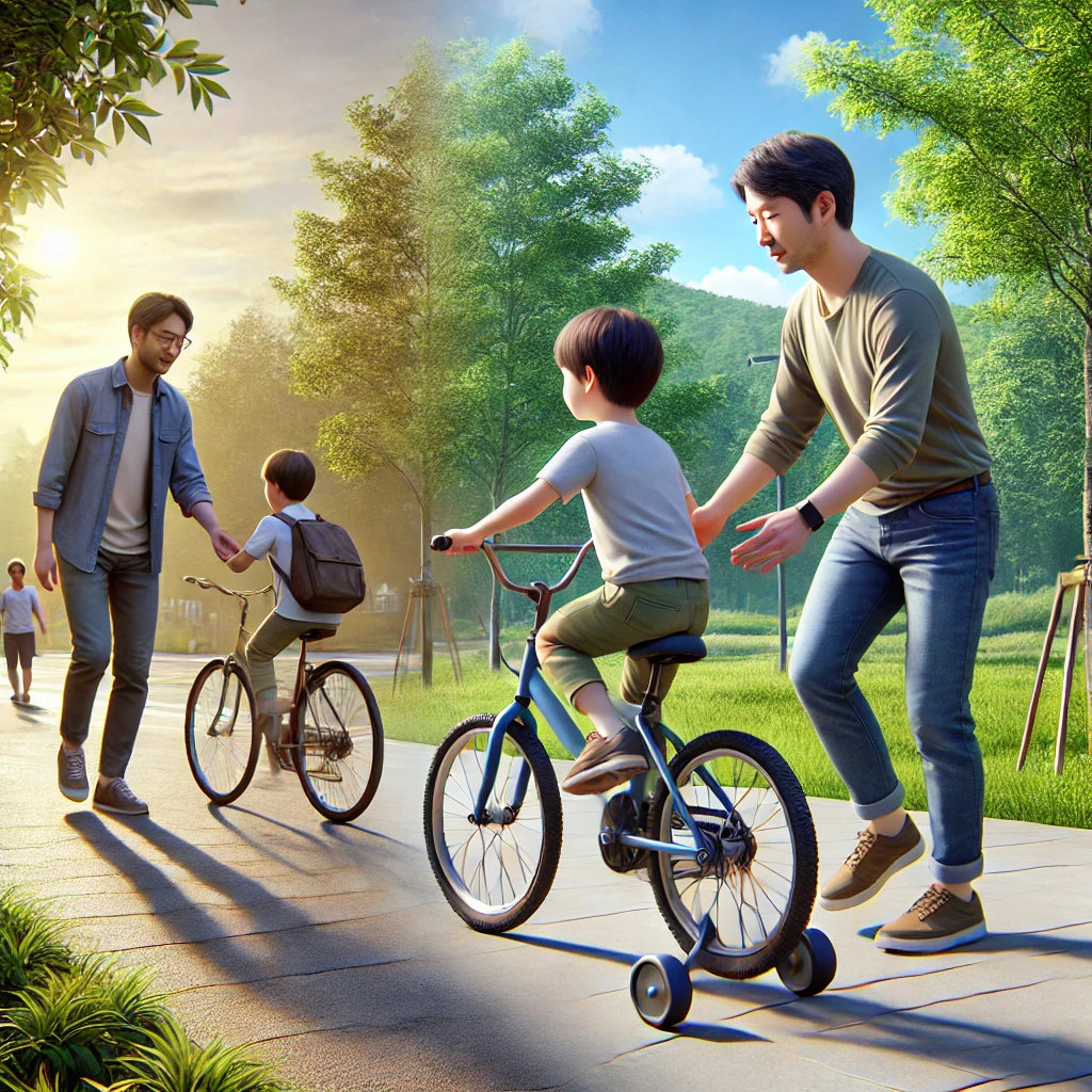 공원에서 아버지가 아들에게 자전거 타는 법을 가르치는 장면. 아버지는 자전거 뒤를 잡고, 아이는 집중하며 페달을 밟고 있습니다. 배경에는 초록빛 나무와 맑은 하늘이 보입니다