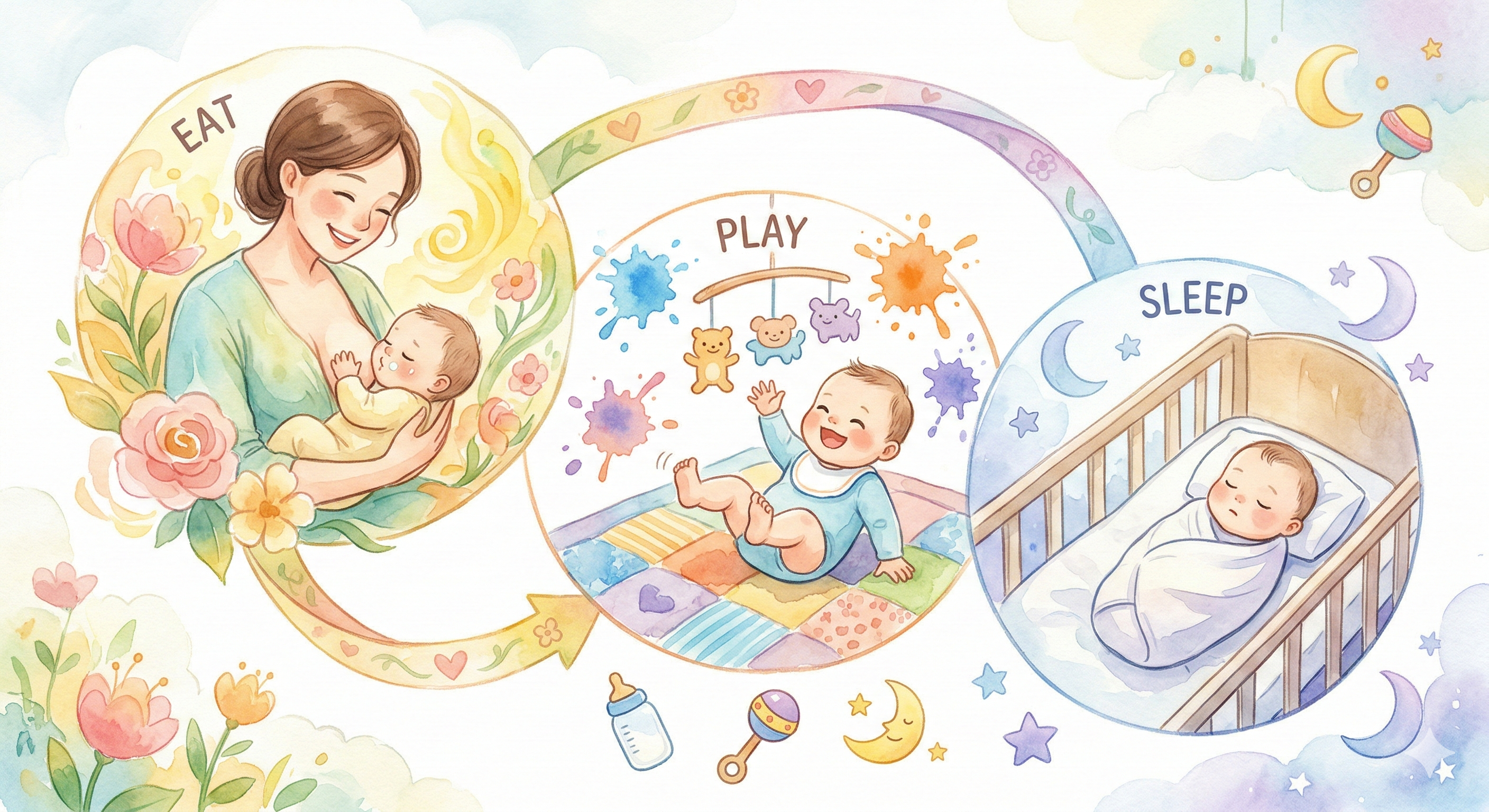 신생아의 먹고 놀고 자는 일과를 순서대로 보여주는 따뜻한 수채화풍의 삽화