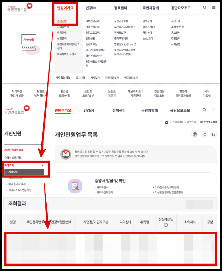 국민건강보험공단-홈페이지-피부양자자격조회