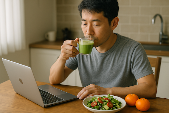 말차를 건강하게 섭취하기 위해 과일과 같이 먹는 남성