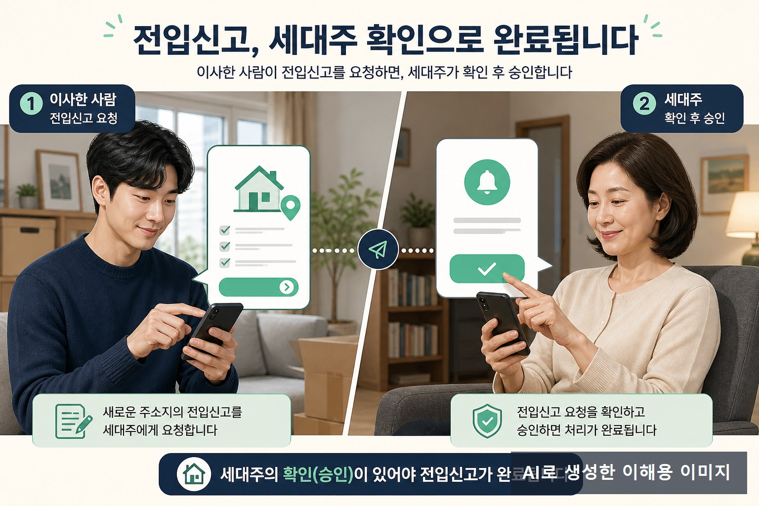 전입신고 신청인과 세대주가 휴대전화로 확인하는 과정