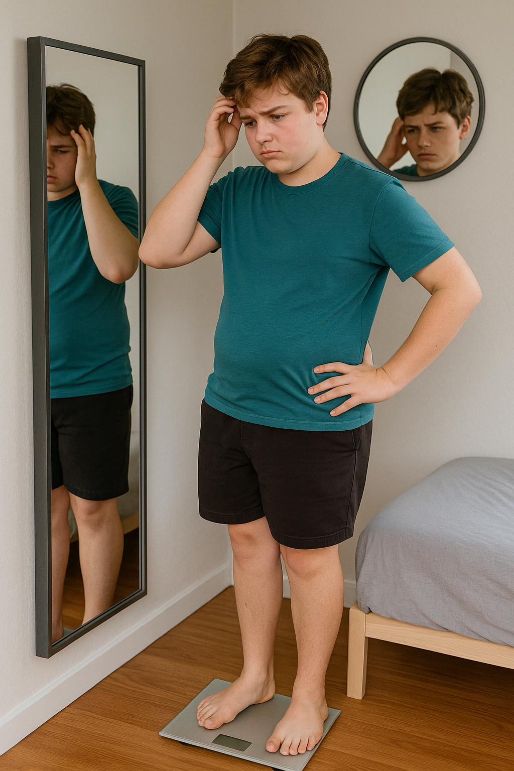 체중계 앞에 선 청소년, 거울을 보며 고민하는 이미지