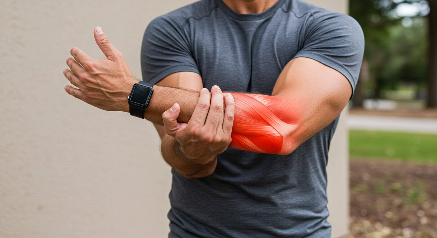 근육질의 남성이 오른팔으로 왼팔을 스트레칭하는 장면