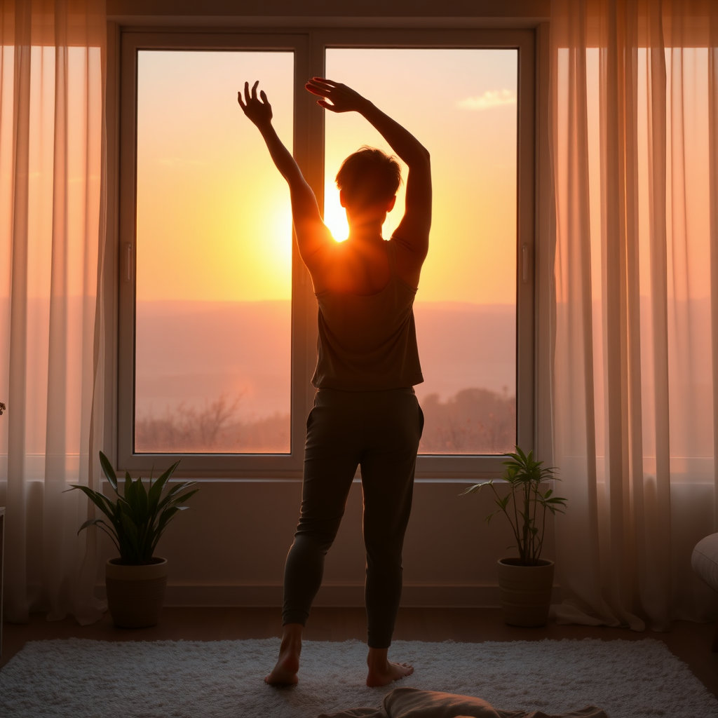 해뜨는 아침에 스트레칭 하는 사람