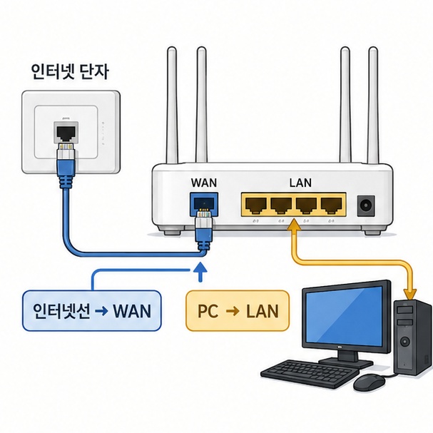 인터넷선을 공유기 WAN 포트에 연결하고 PC를 LAN 포트에 연결하는 구조를 설명한 이미지