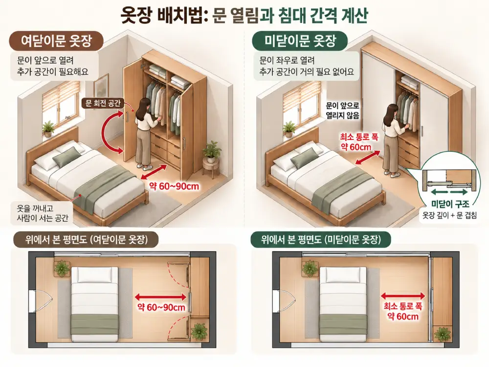 작은 침실에서 여닫이문 옷장과 미닫이문 옷장의 배치 차이를 비교한 인포그래픽. 침대와 옷장을 나란히 배치하고, 여닫이문 개폐 공간 약 60~90cm와 미닫이문 앞 통로 약 60cm를 평면도와 입체 이미지로 설명한 모습.