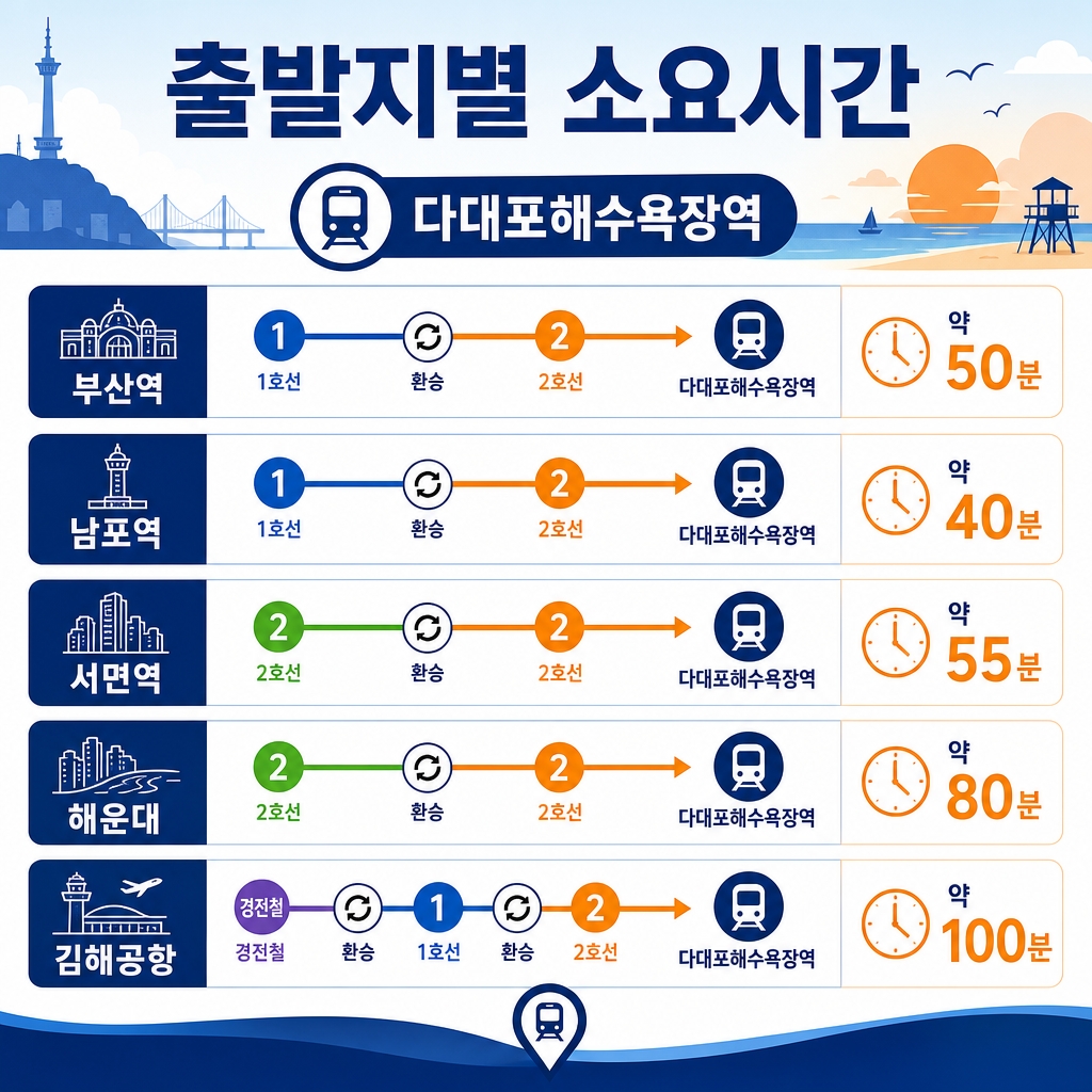 출발지별 소요시간과 환승 지점