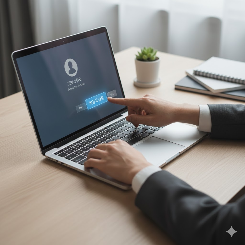 노트북에서 SNS 프로필의 개인정보 설정을 변경하는 손 클로즈업.