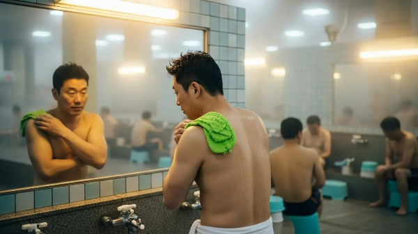 대중 목욕탕에서 거울을 보며 때 타월로 때를 밀고 있는 남성