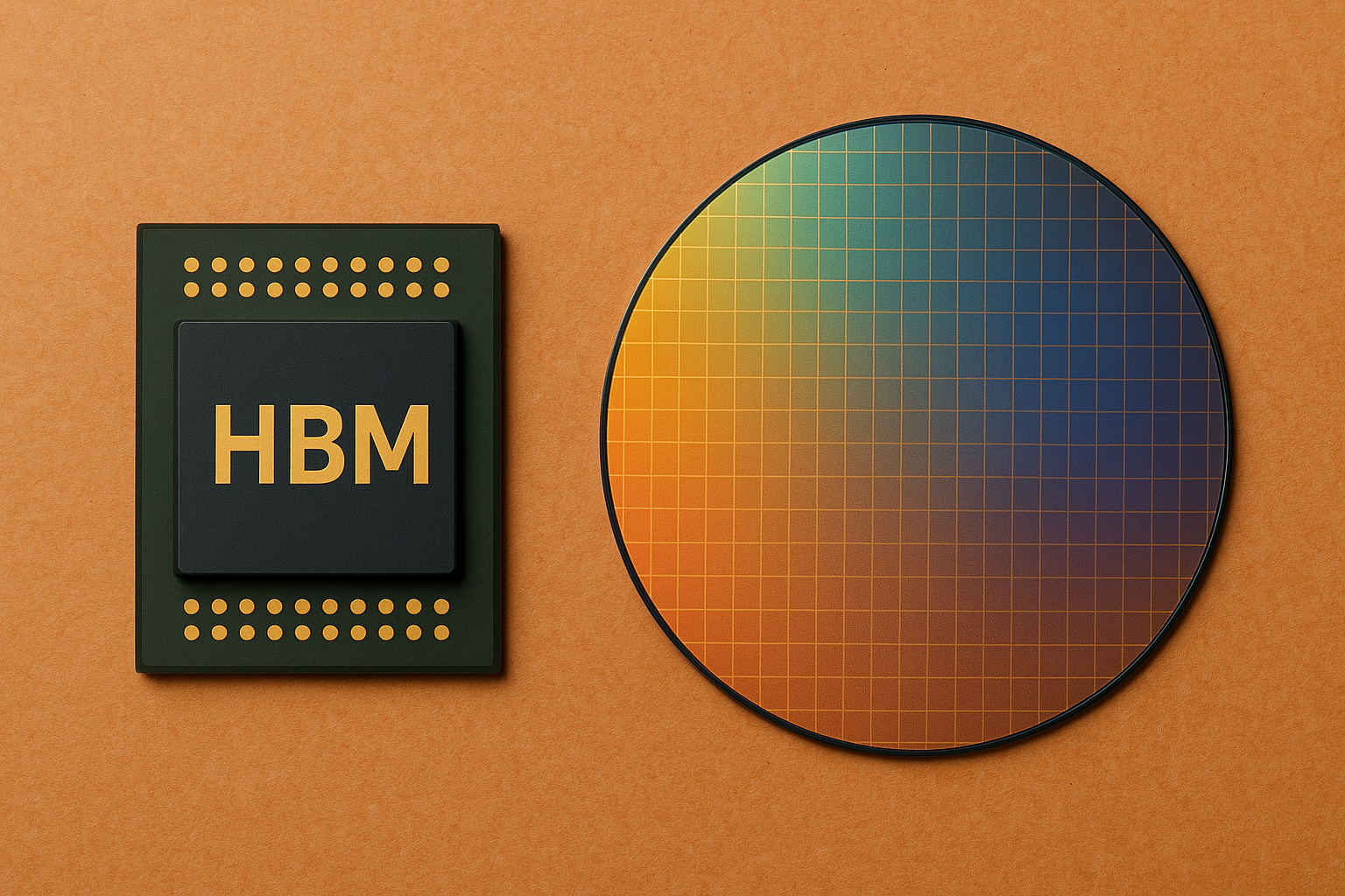 HBM 반도체 칩, 파운드리 웨이퍼 이미지가 나란히 있는 모습