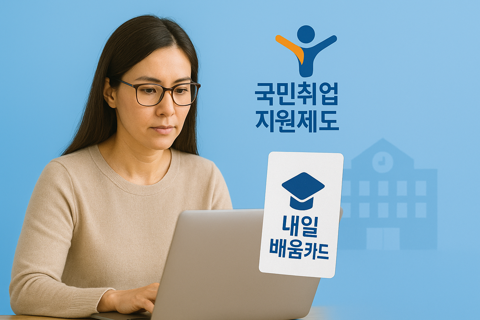 노트북으로 정부 지원금 정보를 알아보는 중년 여성, 국민취업지원제도와 내일배움카드를 통해 재취업을 준비하는 모습