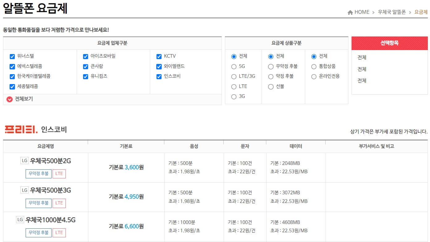 우체국 알뜰폰 요금제