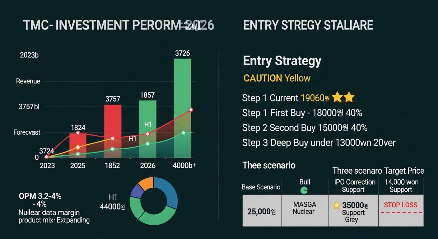 TMC 217590 investment strategy financial performance 2026, dark teal background, left half performance chart 2023 to 2026 bar chart revenue 3724 billion 3757 billion 2025 dip red 1852 billion H1 recovery arrow 2026 forecast 4000 billion plus green, OPM trend line 3.2 percent to 4 percent improvement arrow nuclear data center high margin product mix pie chart expanding teal slice, right half entry strategy staircase current price 19060 won caution yellow, step 1 first buy 17000 to 18000 won 40 percent teal, step 2 second buy 15000 to 16000 won 40 percent blue, step 3 deep buy under 13000 won 20 percent silver, three scenario target price columns base scenario 25000 won green, bull scenario MASGA nuclear 35000 won gold star, bear scenario IPO correction 14000 to 15000 won support grey, stop loss 14000 won red dashed, professional dark teal financial infographic