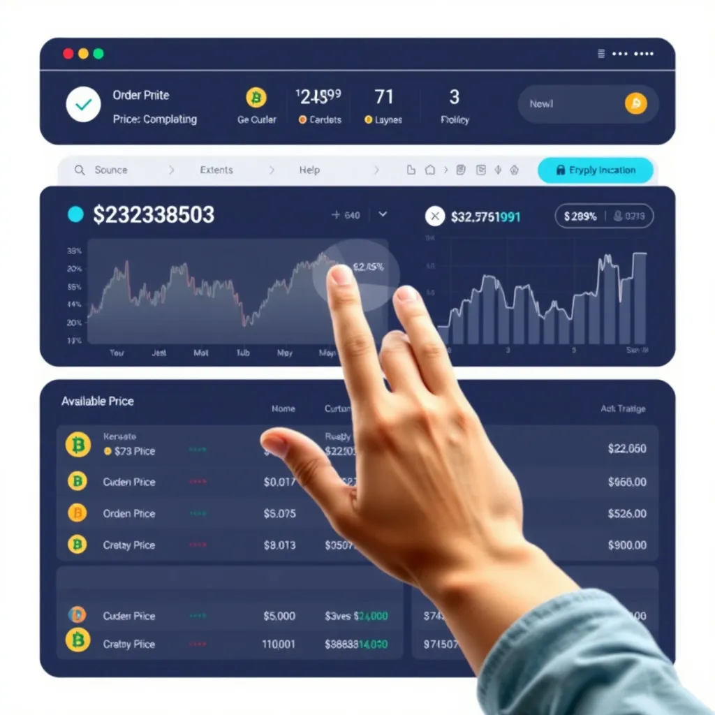 깔끔하고 직관적인 가상화폐 거래소 화면을 재현합니다. 호가창, 주문창, 현재가 표시, 코인 목록 등을 주요 요소로 포함하며, 각 정보들이 한눈에 들어오도록 구성합니다. 너무 특정 거래소와 유사하지 않도록 디자인을 변형하고, 실제 데이터를 사용하는 대신 개념적인 숫자와 그래프를 사용하여 범용성을 높입니다. 사용자가 화면을 보며 거래하는 모습의 손이 일부 등장해도 좋습니다.