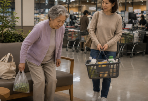 마트 휴게 공간 의자에서 잠시 쉬다가 가벼운 채소 봉투를 들고 천천히 일어나는 연세드신 엄마와 무거운 장바구니를 먼저 든 중년 딸