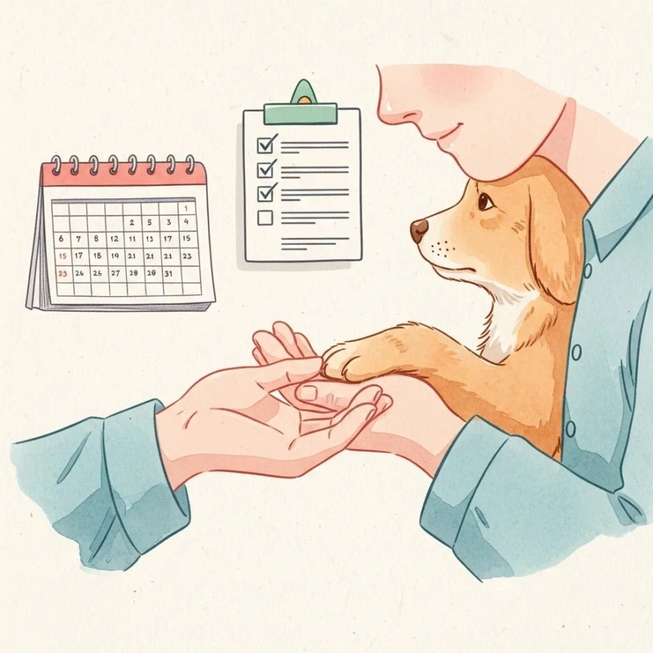 반려동물의 발을 잡고 있는 손과 건강관리 계획표