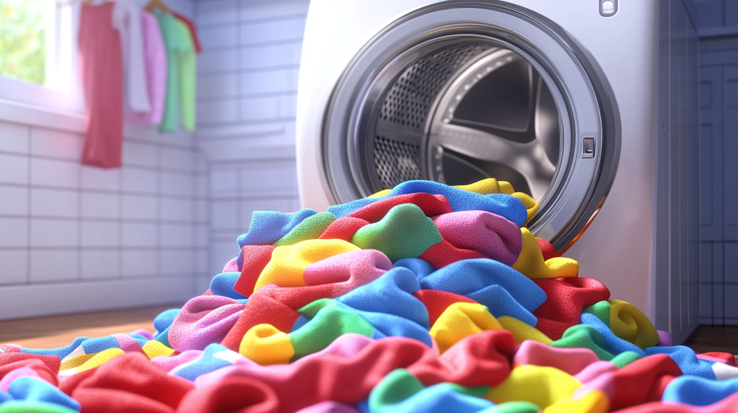 다양한 색상의 빨래 더미가 대용량 드럼을 강조한 세련된 삼성 세탁기에 담겨지는 예술적인 클로즈업 이미지