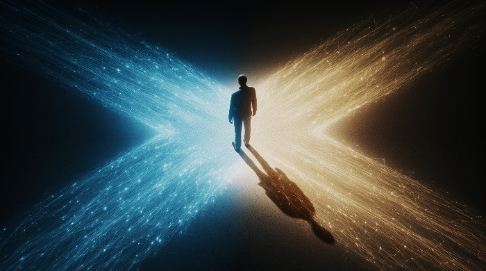 교차로에 선 인간의 AI와 인간의 자유의지중 선택의 순간을 표현한 이미지