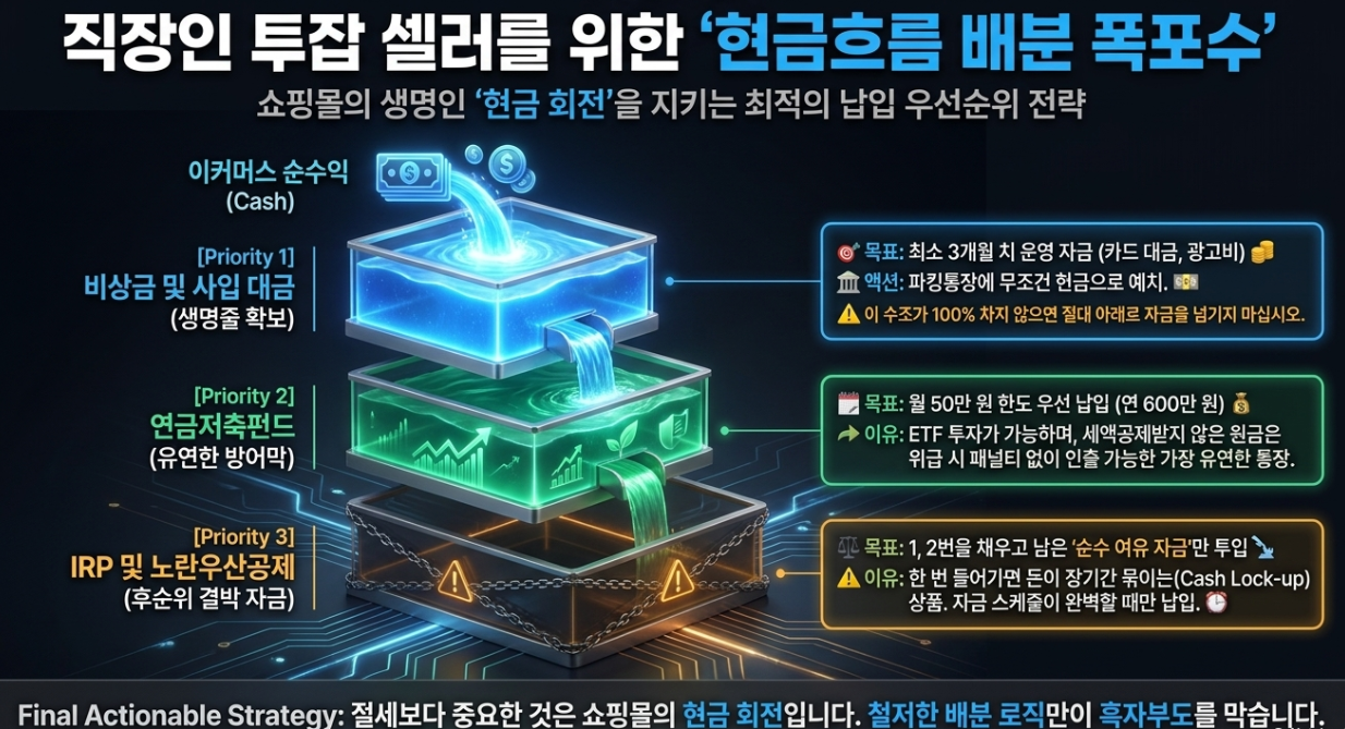 직장인 투잡 쇼핑몰 유동 자금 사입 대금 확보 및 파킹통장 연금저축 노란우산 납입 현금흐름 우선순위