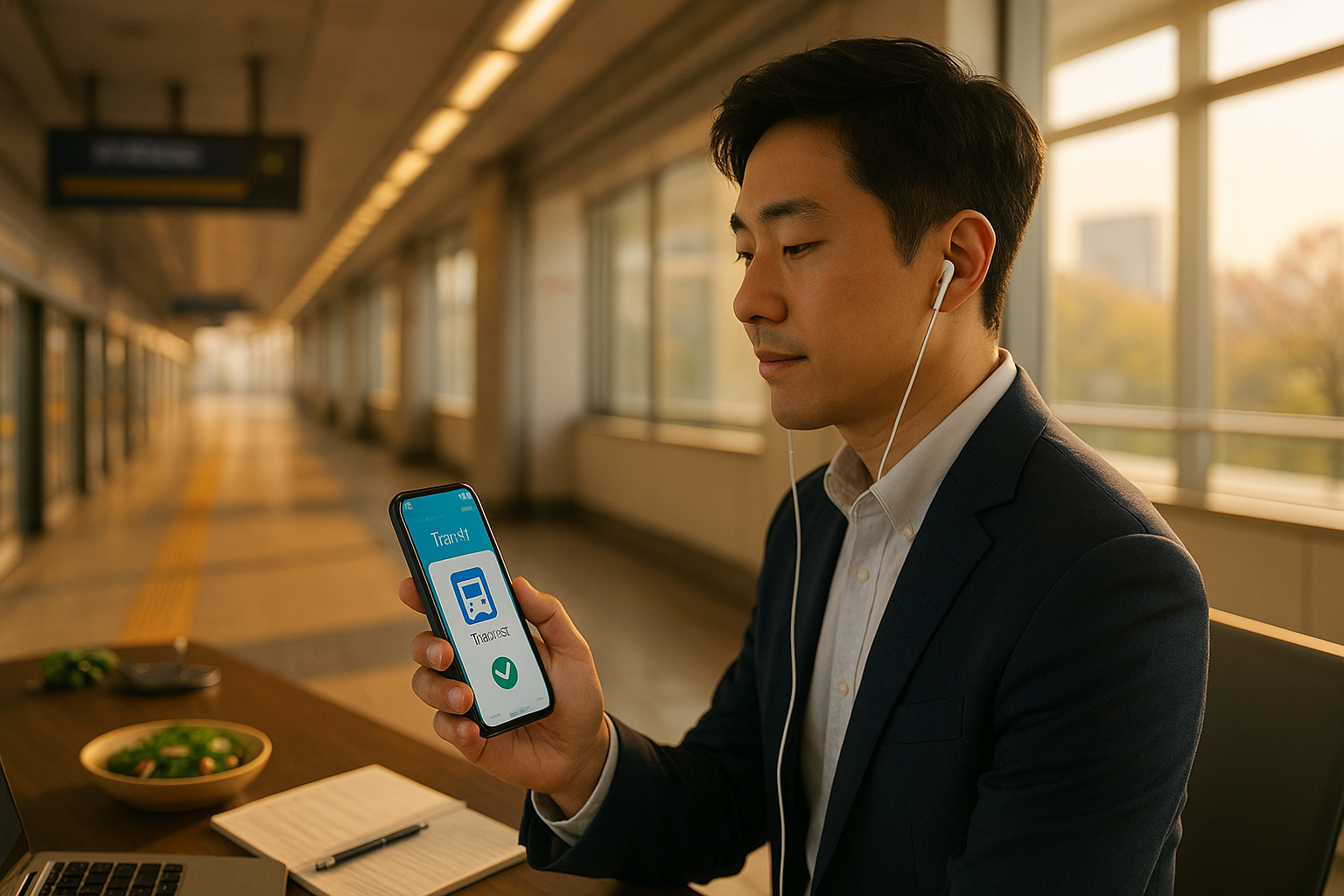 지하철역에서 교통앱을 확인하며 오디오북을 듣는 직장인