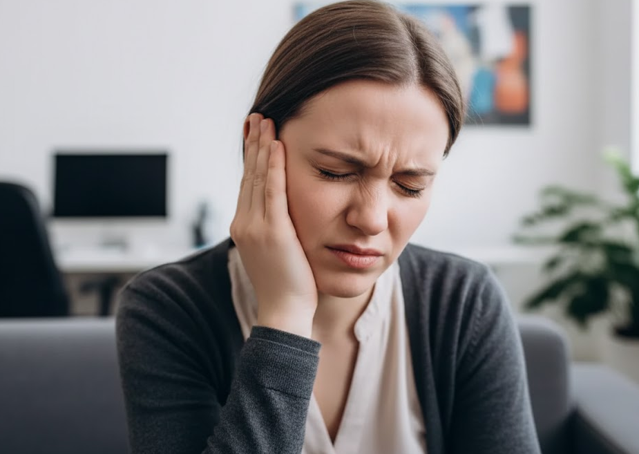 이명 증상으로 힘들어 하는 여성