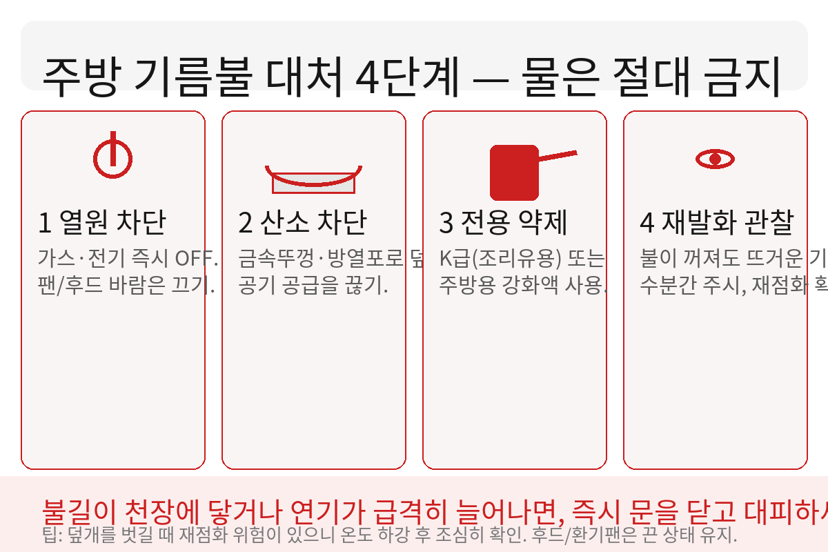 주방 기름불 대처 4단계(열원 차단→산소 차단→K급 또는 주방용 강화액 사용→재발화 관찰)