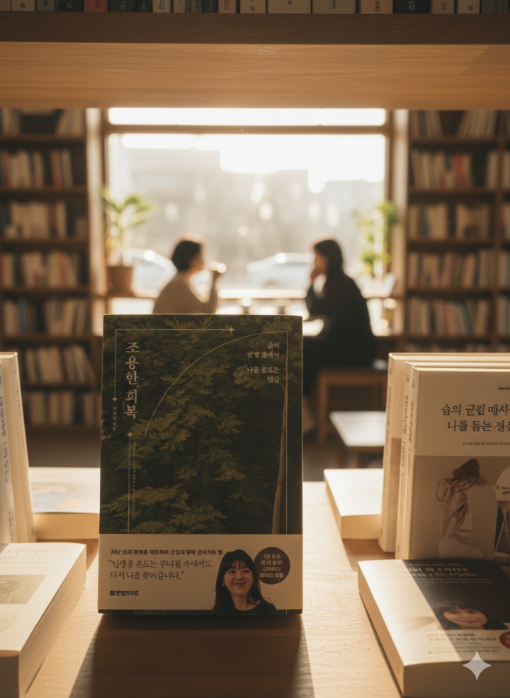 책 표지와 서점 풍경이 담긴 따뜻한 분위기의 사진