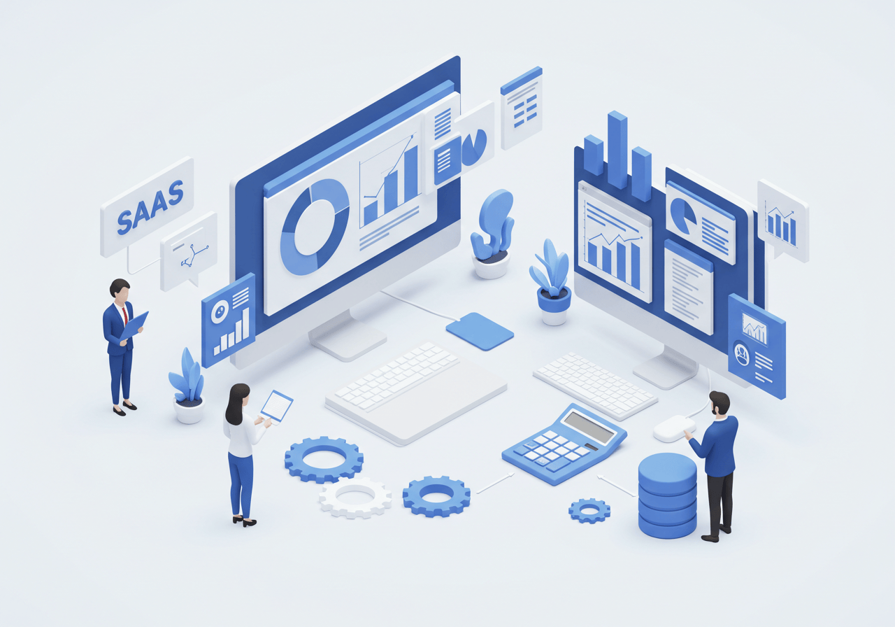 SaaS 비즈니스 모델에 특화된 시장 규모 분석 과정을 단계별로 보여주는 3D 일러스트레이션으로 데이터 수집부터 최종 계산까지의 프로세스를 시각화