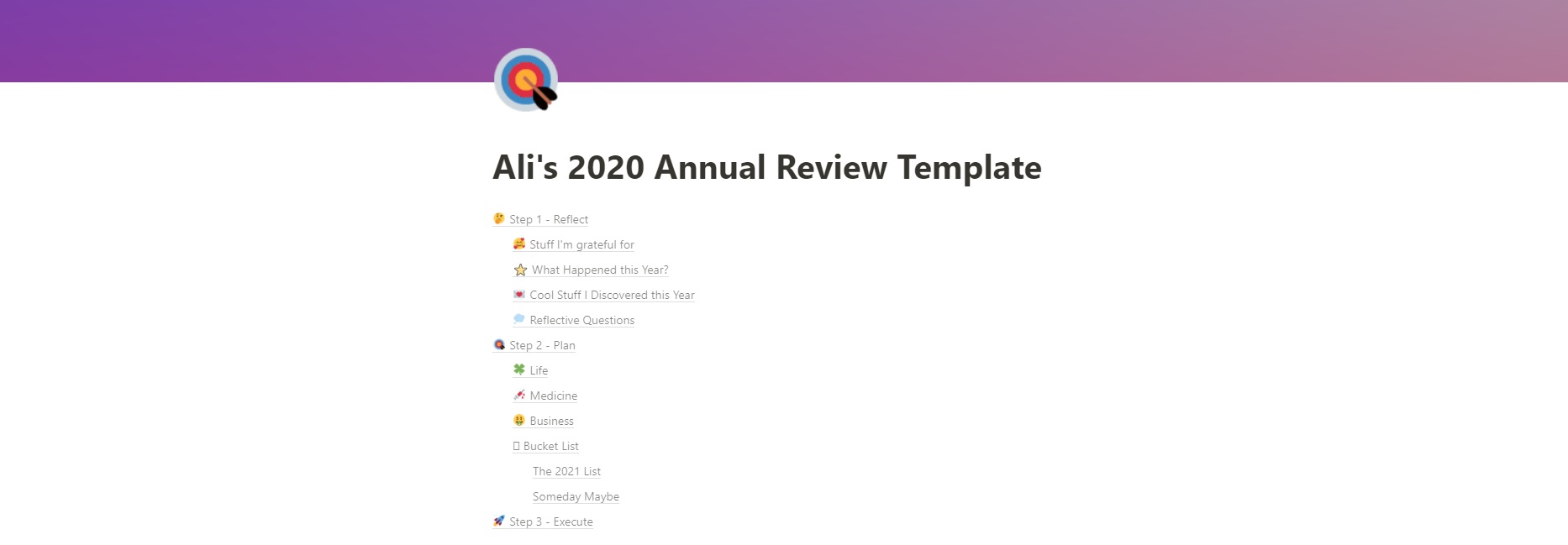 Ali's 2020 Annual Review Template의 목차부분