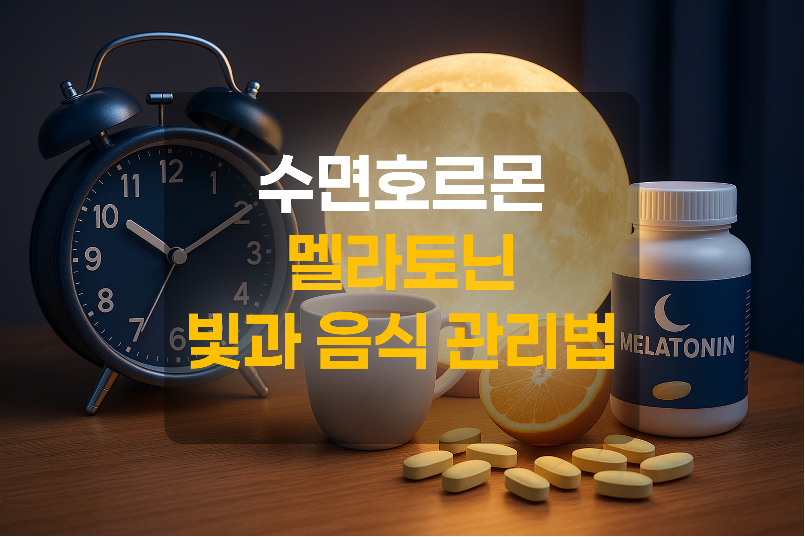 숙면을 위한 멜라토닌, 자명종 시계, 음식을 표현한 그림