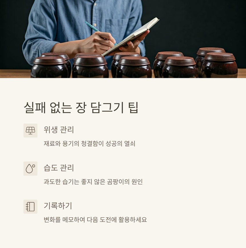 alt태그: 실패 없는 장 담그기 팁: 위생 관리, 습도 조절, 기록하기 등 장 담그기 성공을 위한 관리 방법 안내