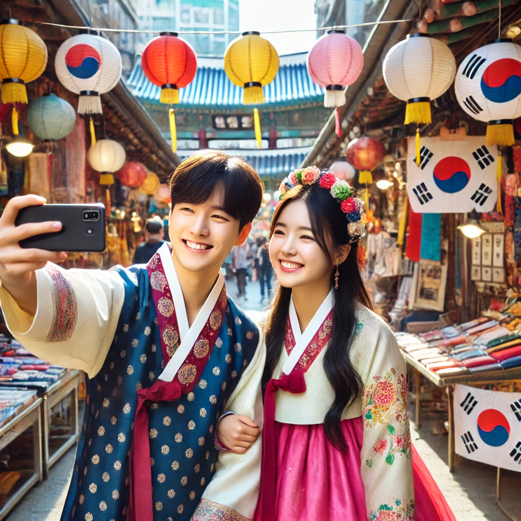 광장시장에서 전통 한복을 입고 셀카를 찍는 커플