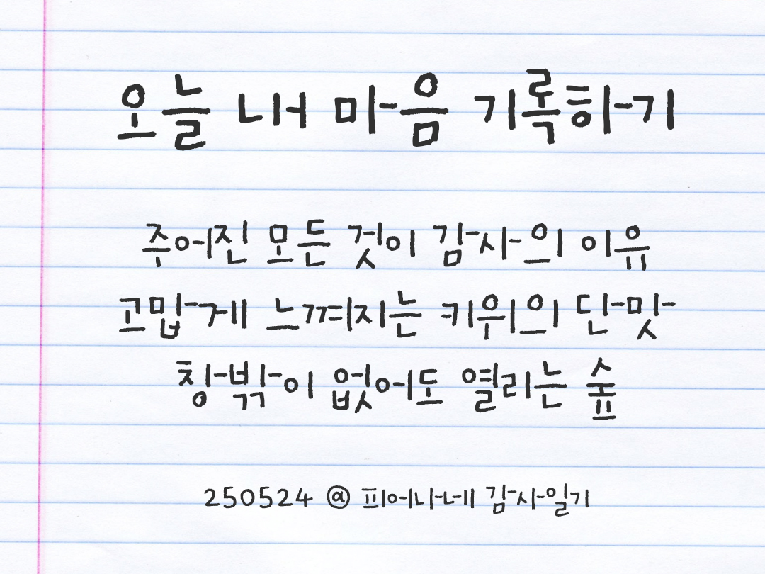 25년 5월 24일 오늘 내 마음 기록하기 감사노트, 감사를 통해 발견한 행복, 오늘 감사한 순간들 by 피어나네 감사일기