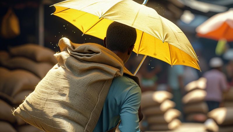 노란우산을 쓴 채 무거운 포대를 짊어지고 걷는 남성의 뒷모습, 비 오는 시장 골목에서 고된 노동을 상징하는 장면