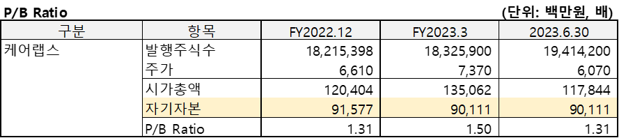Peer Company(2023.6)의 PBR을 정리한 표