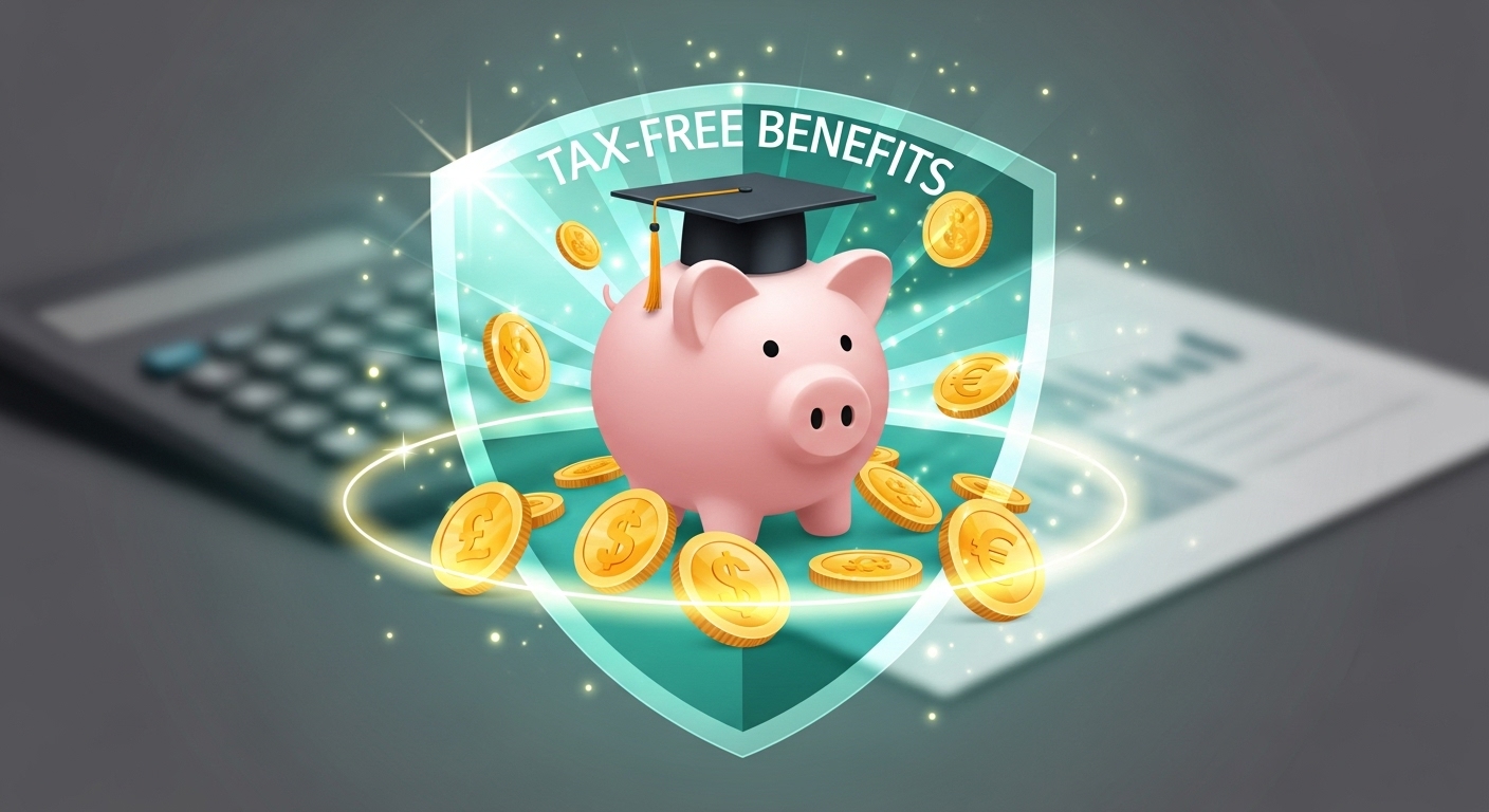 세금 혜택을 상징하는 보호막에 싸인 저금통 주변으로 빛나는 동전들이 있는 모습으로, ISA 계좌의 비과세 혜택을 강조하는 이미지.