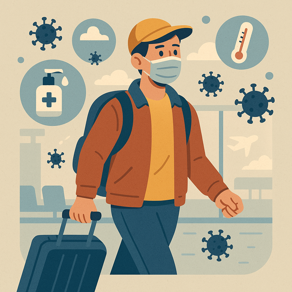 "공항에서 마스크를 쓴 여행자가 여행 가방을 들고 이동하는 장면. 주변에는 손 세정제, 체온계, 바이러스 아이콘 등이 배치되어 있어 감염병 예방을 상징적으로 표현함."