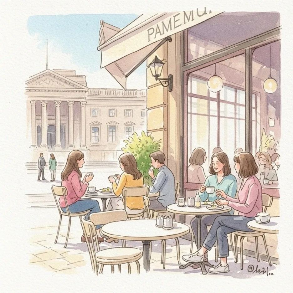 미술관 근처 카페에서 여유를 즐기는 사람들