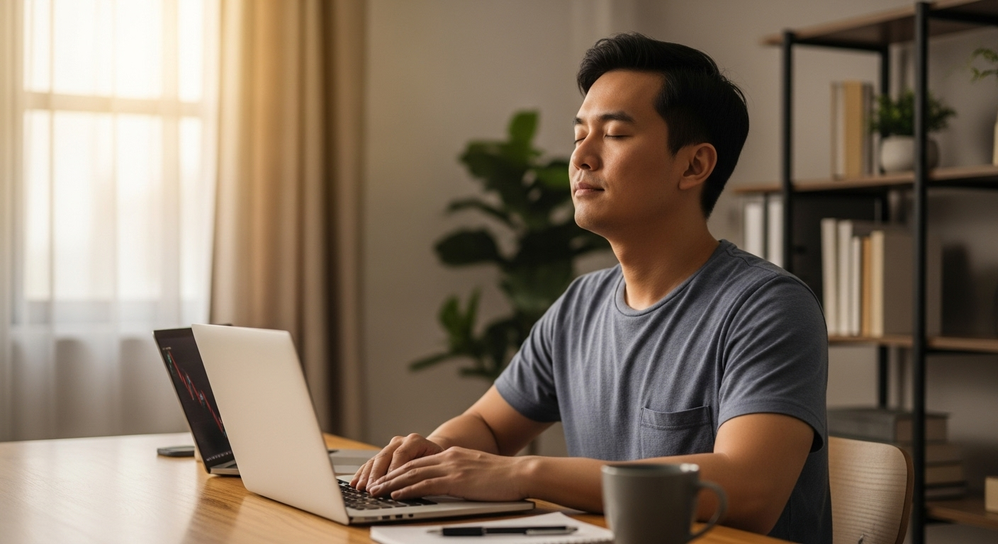 주식 차트를 닫고 차분히 호흡하며 감정을 다스리는 현실적인 투자자의 모습